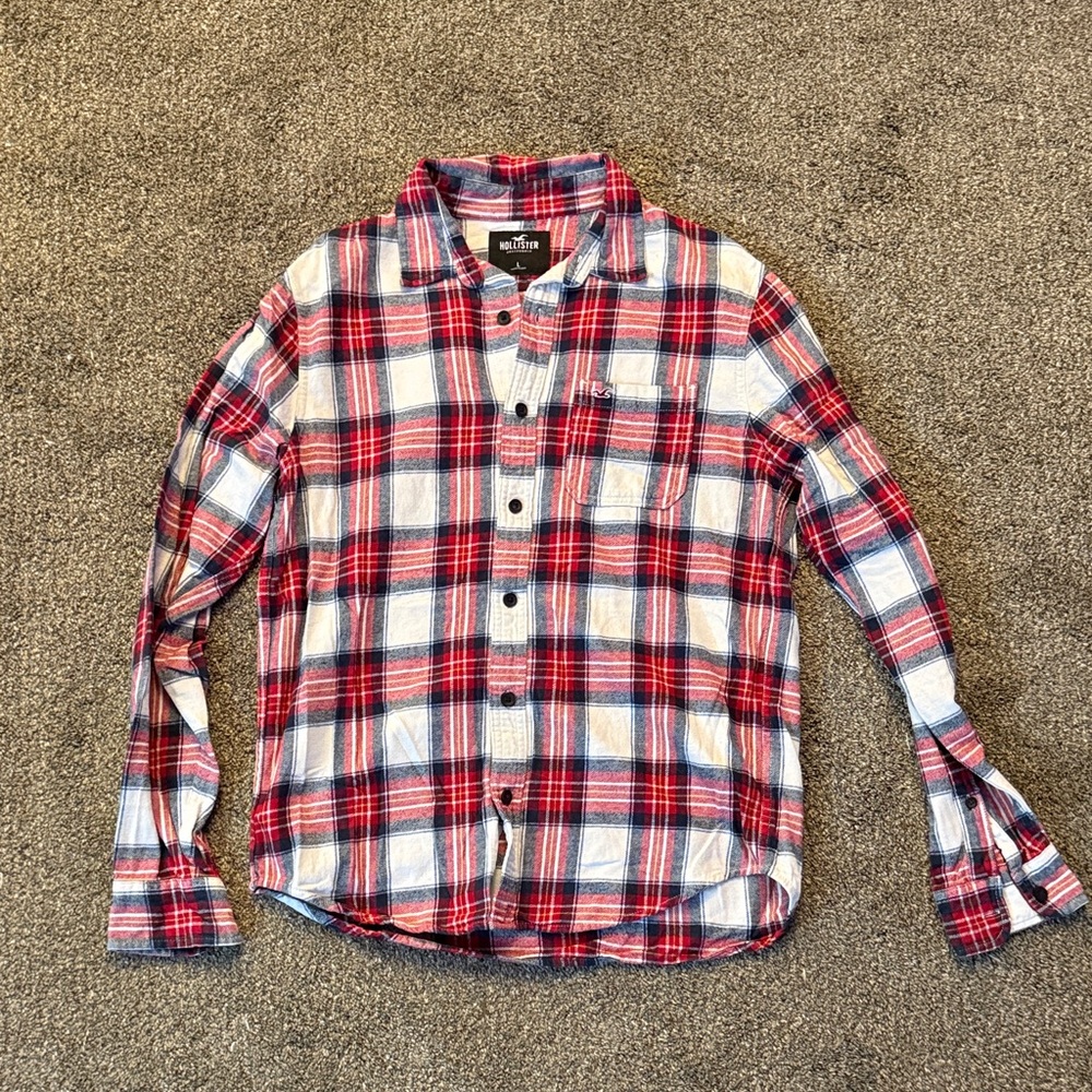 Hollister Red and White Plaid Button Down Flannel